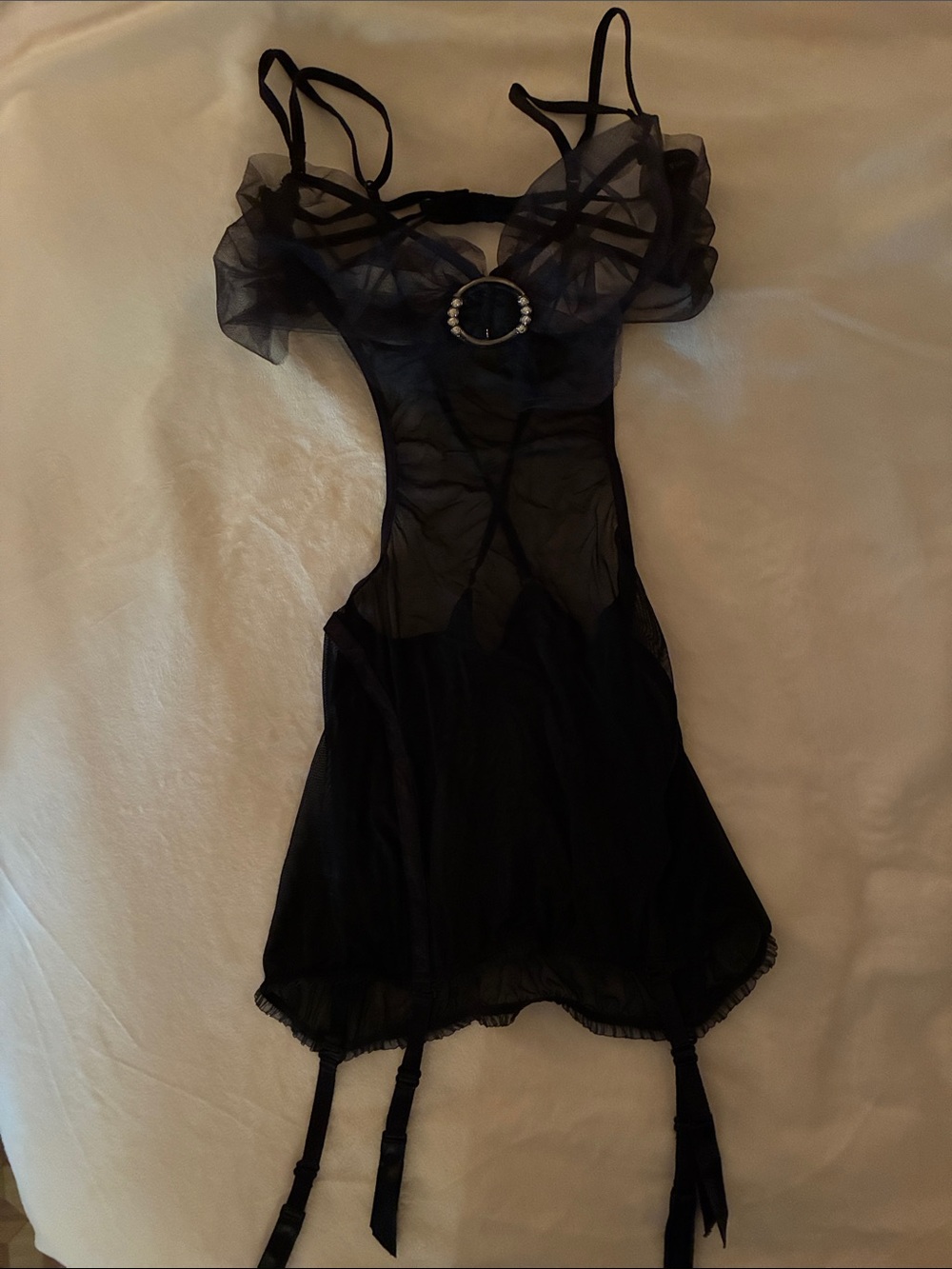Sheer Black Strappy Lingerie Dress with Metal Ring accent